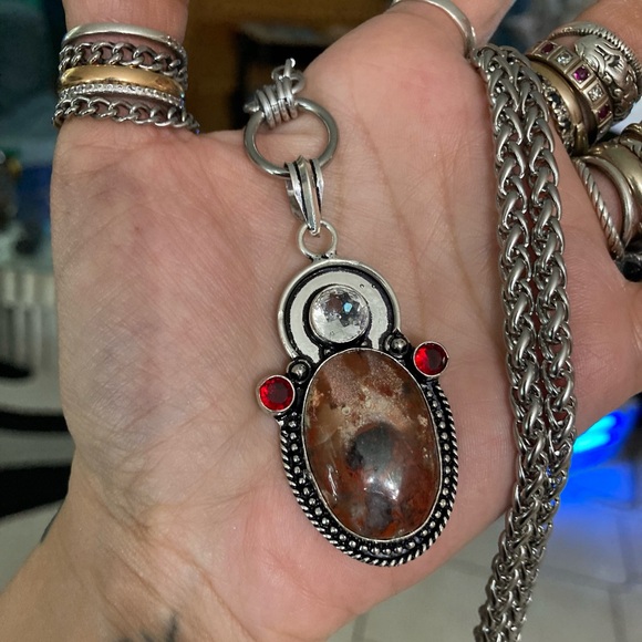 925 sterling silver overlay genuine red jasper stone boho steel chain necklace - Picture 12 of 15